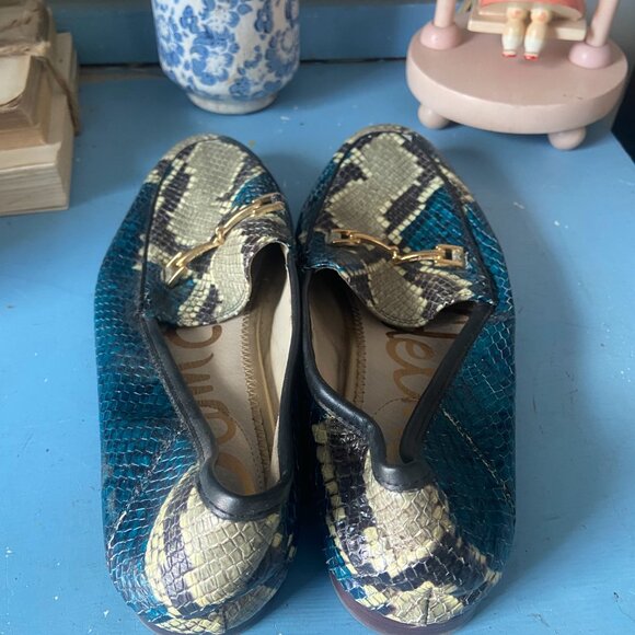 SAM EDELMAN Women's US8.5 Blue Leather Snakeskin-embossed Loraine Loafer - Picture 5 of 7